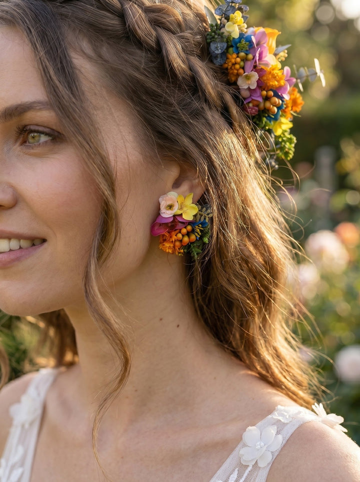 Colorful Flower Bridal Jewelry Set: Meadow Wedding Hair Comb, Earrings, Shoe Clips – handmade floral hair accessory by magaela
