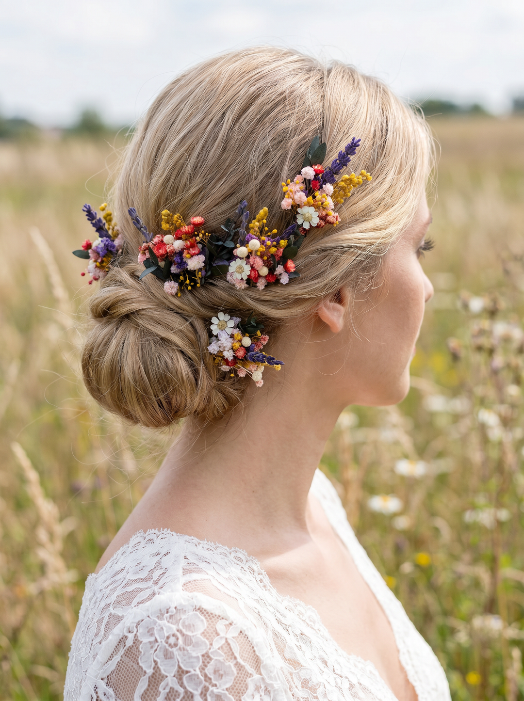 Woman with floral hairpiece in a field
