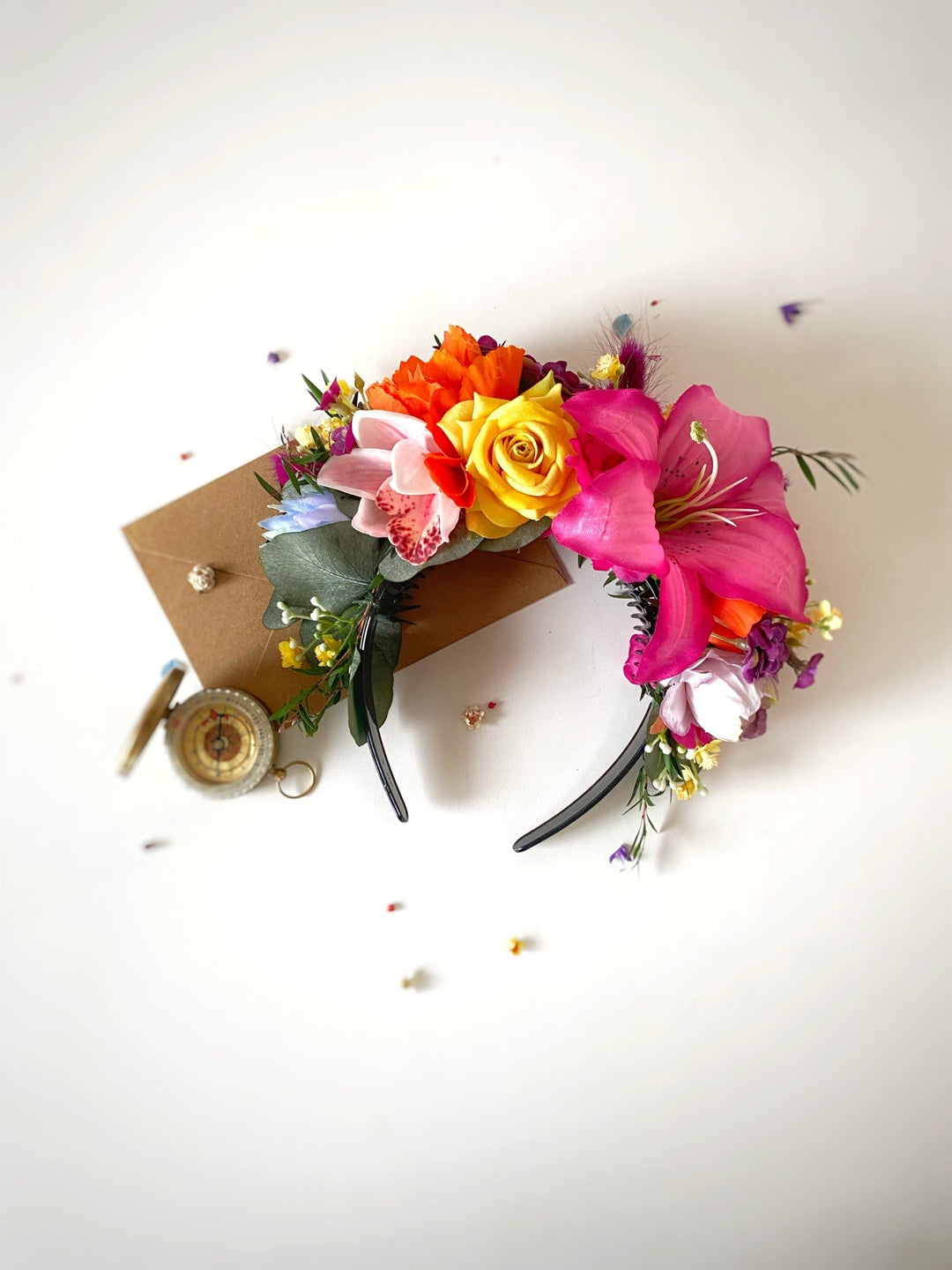 Colorful Frida headband with lily flowers: doublesided floral headpiece – handmade floral hair accessory by magaela