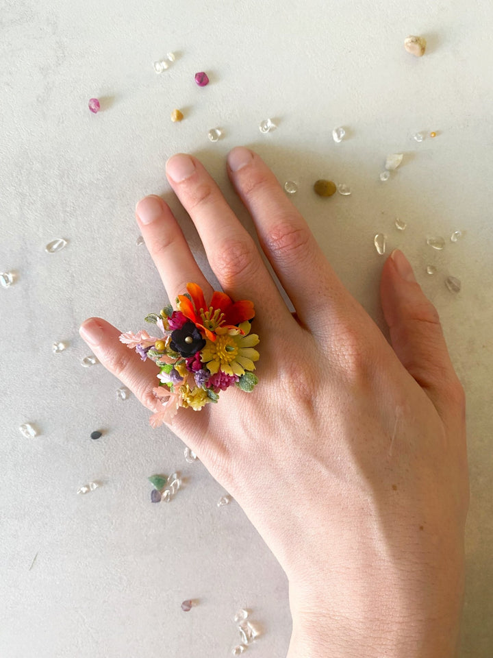 Colorful Wildflower Ring – Handmade Adjustable Flower Ring – handmade floral hair accessory by magaela