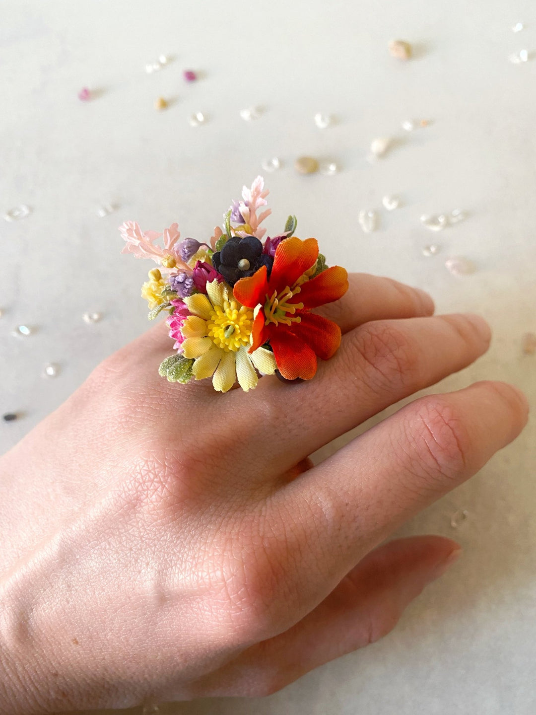 Colorful Wildflower Ring – Handmade Adjustable Flower Ring – handmade floral hair accessory by magaela