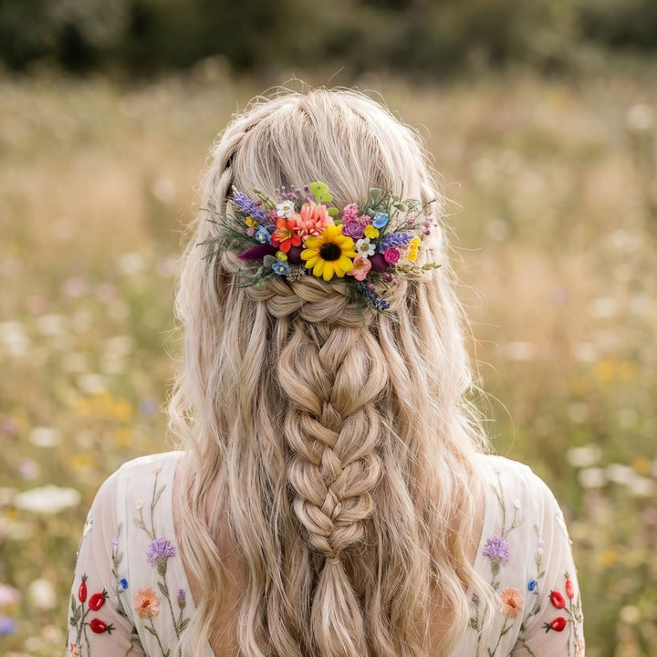 Bride in boho emroidery dress with braided hair and floral wildflowers hair comb with sunflower in a field