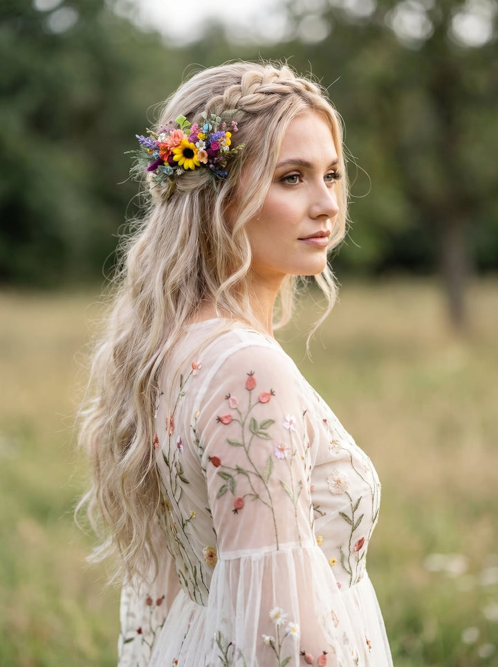 Bride in boho embroidery dress with braided hair adorned with wild flowers  hair comb in a natural setting
