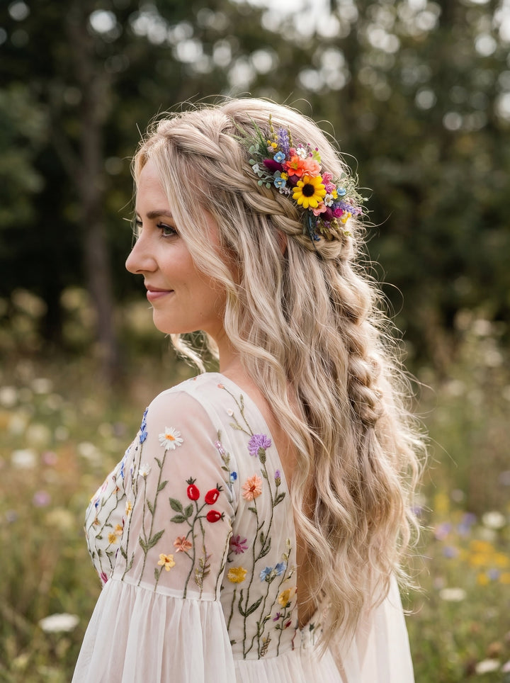 Woman  in boho embroidery with braided hair adorned with flower meadow hair comb with sunflower  in a natural setting