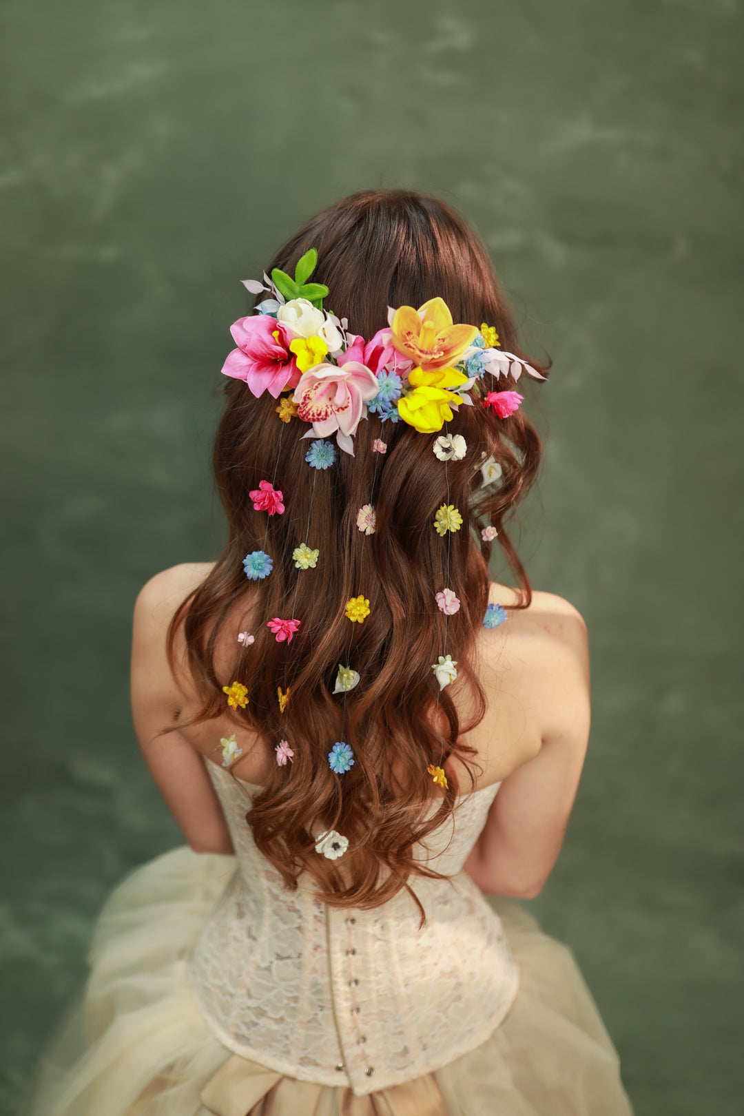 Colorful Waterfall Hair Vine Set with Floral Lianas – Boho Bridal Hair Accessories – handmade floral hair accessory by magaela