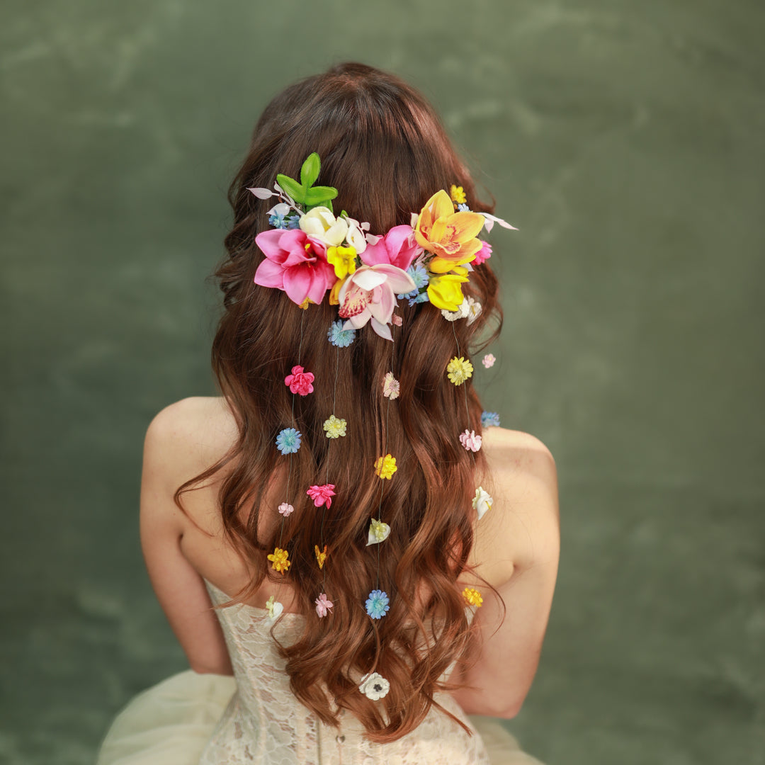Colorful Waterfall Hair Vine Set with Floral Lianas – Boho Bridal Hair Accessories – handmade floral hair accessory by magaela