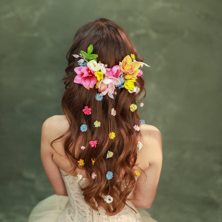 Colorful Waterfall Hair Vine Set with Floral Lianas – Boho Bridal Hair Accessories – handmade floral hair accessory by magaela