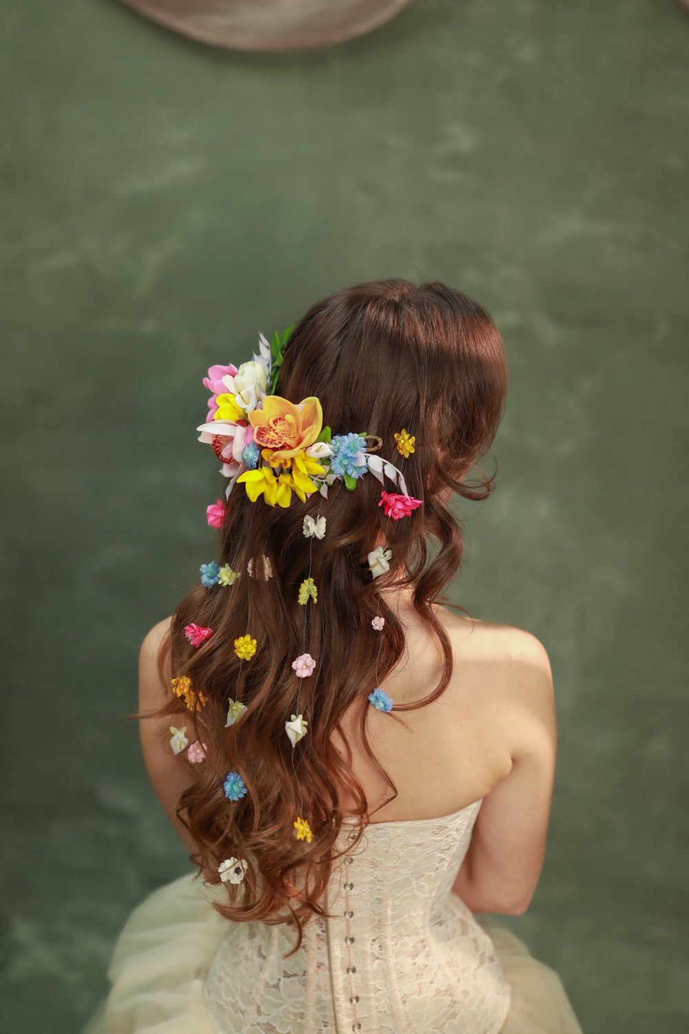 Colorful Waterfall Hair Vine Set with Floral Lianas – Boho Bridal Hair Accessories – handmade floral hair accessory by magaela
