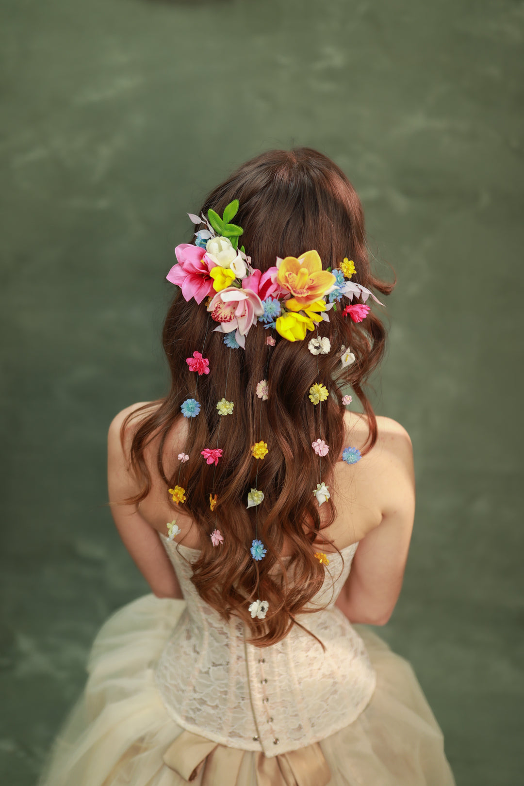 Colorful Waterfall Hair Vine Set with Floral Lianas – Boho Bridal Hair Accessories – handmade floral hair accessory by magaela