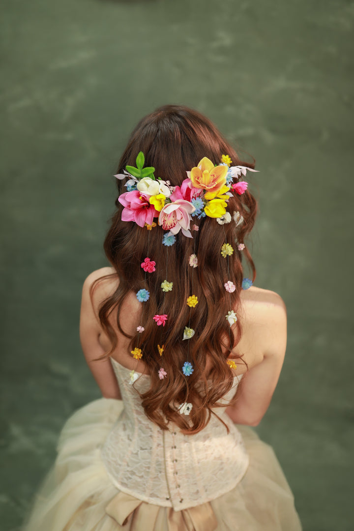 Colorful Waterfall Hair Vine Set with Floral Lianas – Boho Bridal Hair Accessories – handmade floral hair accessory by magaela