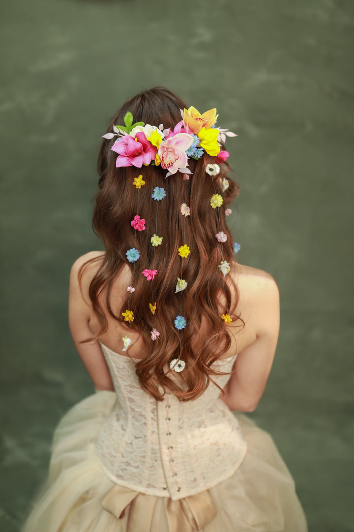 Colorful Waterfall Hair Vine Set with Floral Lianas – Boho Bridal Hair Accessories – handmade floral hair accessory by magaela