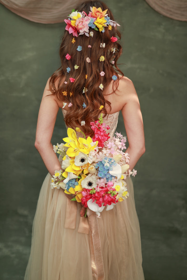 Colorful Boho Bridal Bouquet with Orchids, Anemones, Tulips and Wildflowers – handmade floral hair accessory by magaela