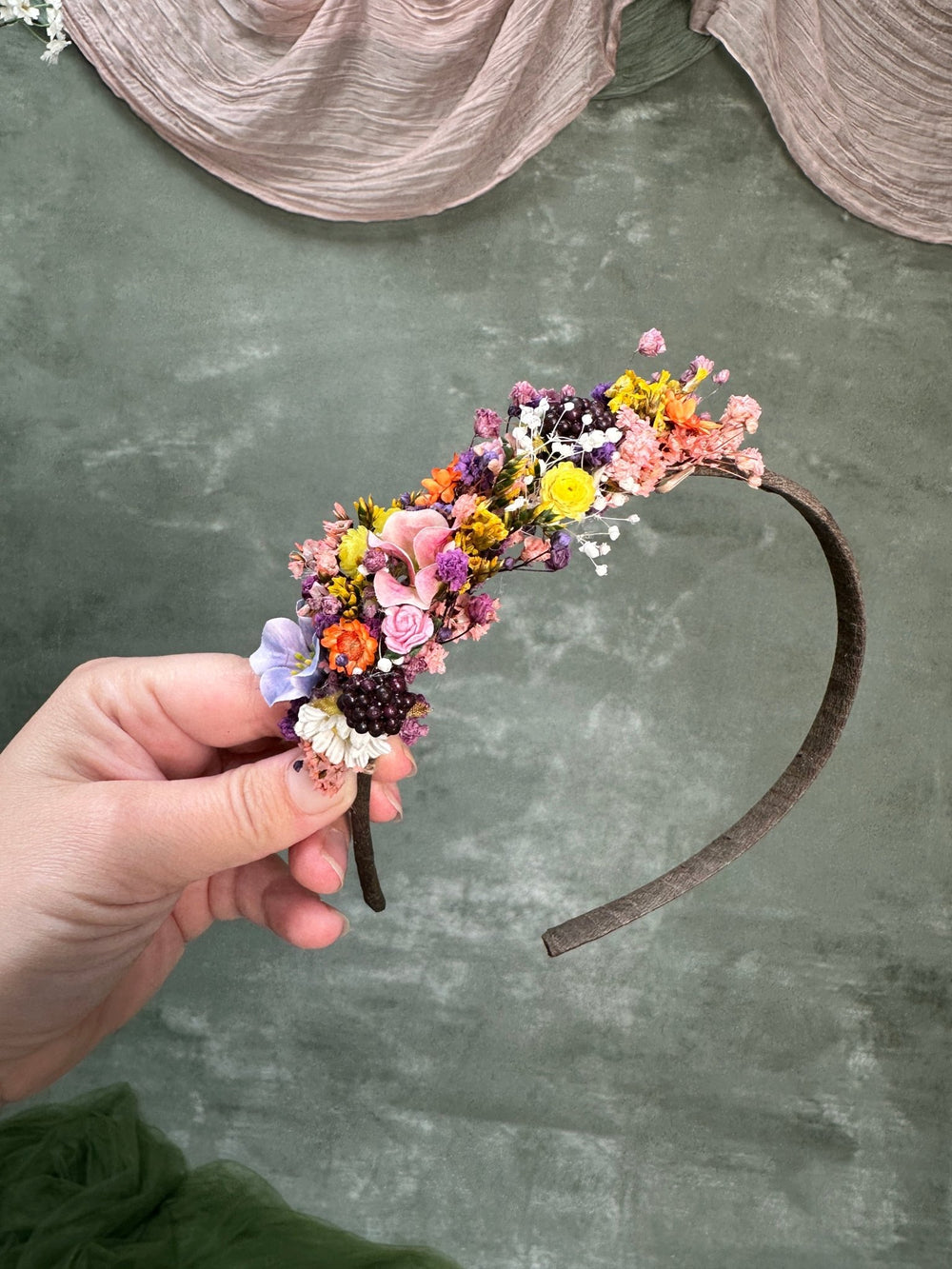 Colourful Wildflower Side Headband with Flowers and Berries for Kids and Adults – handmade floral hair accessory by magaela