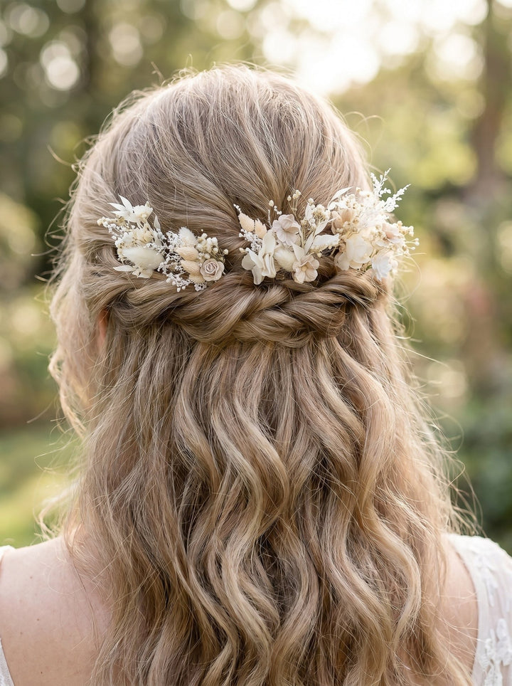 Cream Flower Hairpins: Boho Rustic Wedding Hairstyle – handmade floral hair accessory by magaela