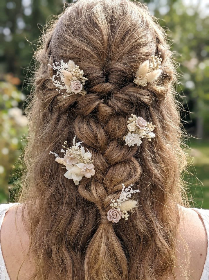 Cream Flower Hairpins: Boho Rustic Wedding Hairstyle – handmade floral hair accessory by magaela