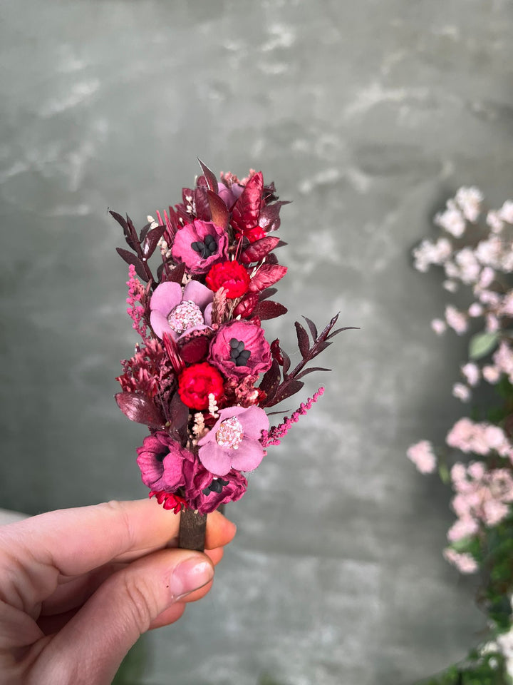 Burgundy Violet Floral Headband with Poppies, Glixia and Dried Grasses