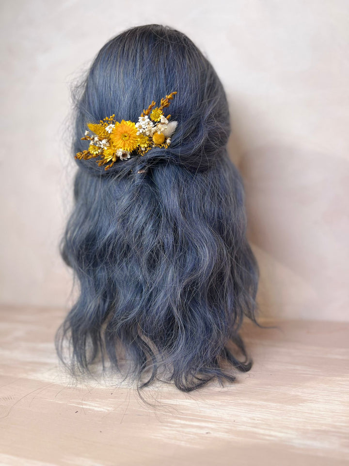 Dried Flower Bridal Hair Comb with Yellow Dried Flowers,Bunny Tails, Billy Buttons and Gypsophila in Yellow and White