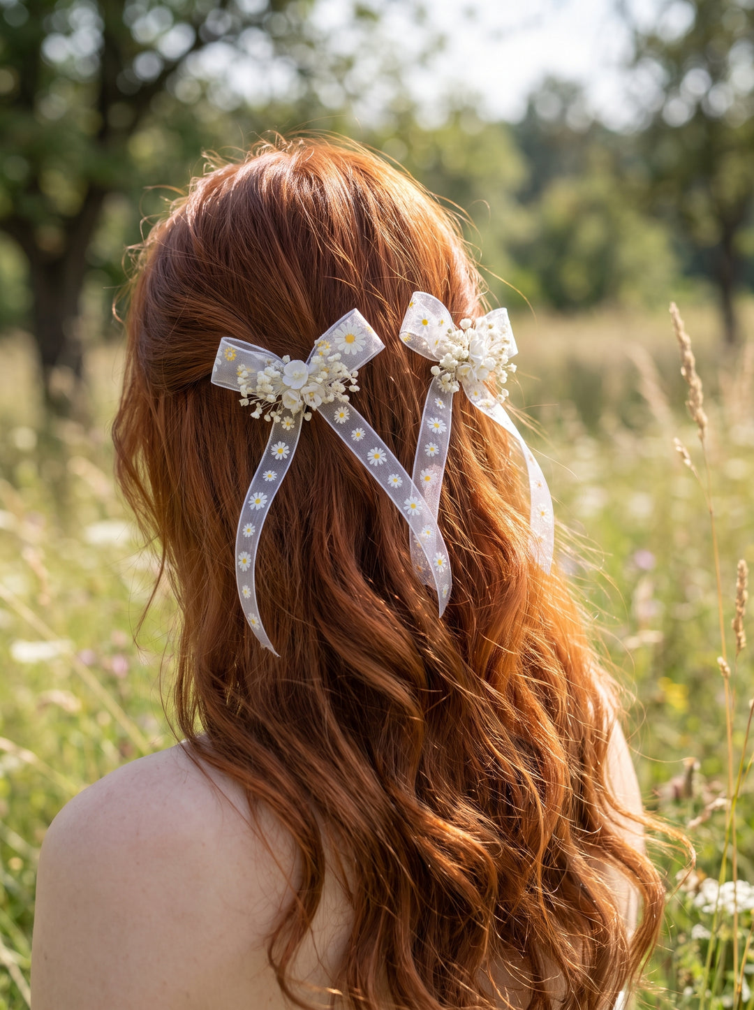 Two white daisies hair bows with floral accents, shown in back view clipped to a woman's long auburn hair in an outdoor grassy field.