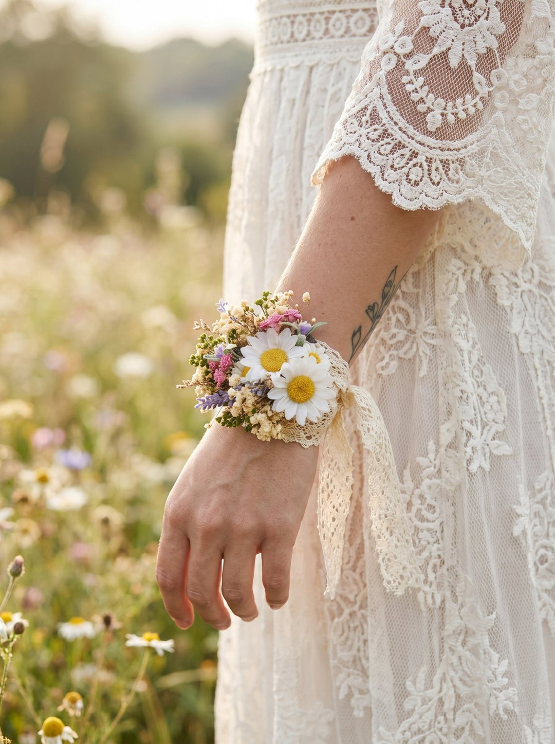 Daisy Flower Bridal Corsage: Meadow Spring Lace Wrist Bracelet – handmade floral hair accessory by magaela