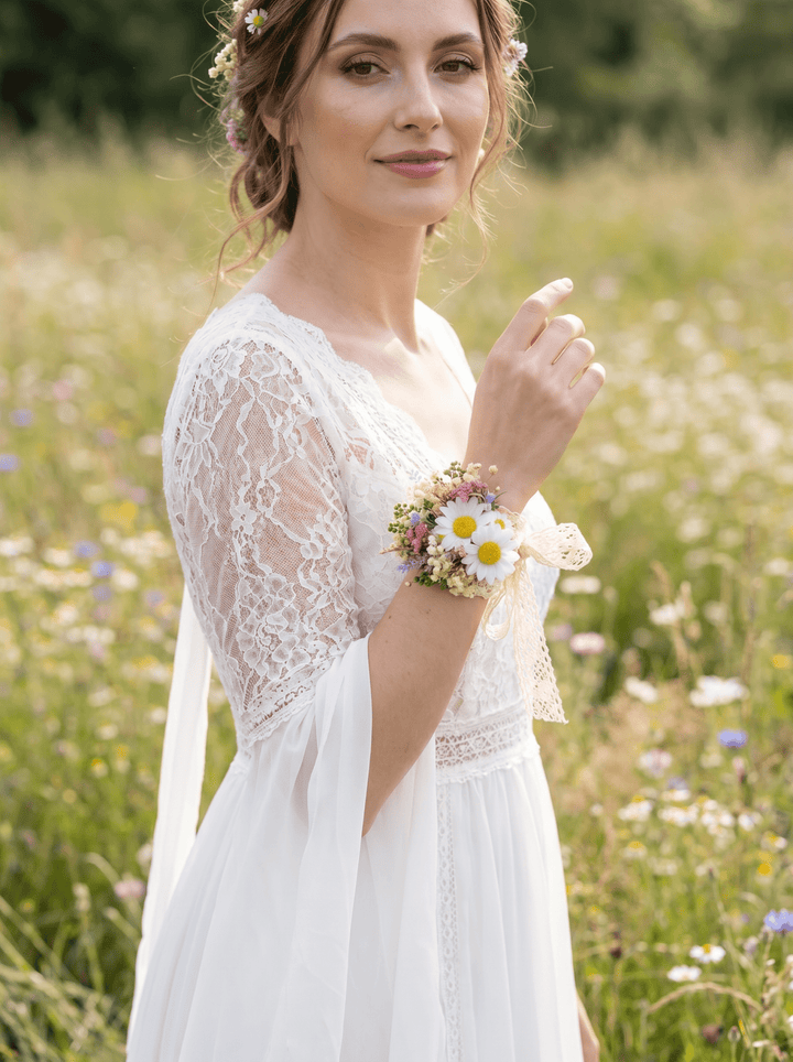 Daisy Flower Bridal Corsage: Meadow Spring Lace Wrist Bracelet – handmade floral hair accessory by magaela