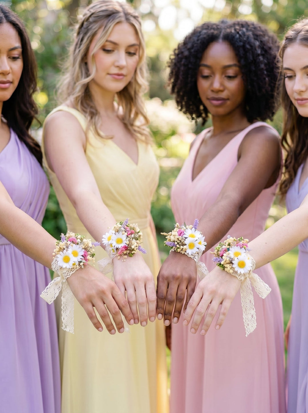 Daisy Flower Bridal Corsage: Meadow Spring Lace Wrist Bracelet – handmade floral hair accessory by magaela