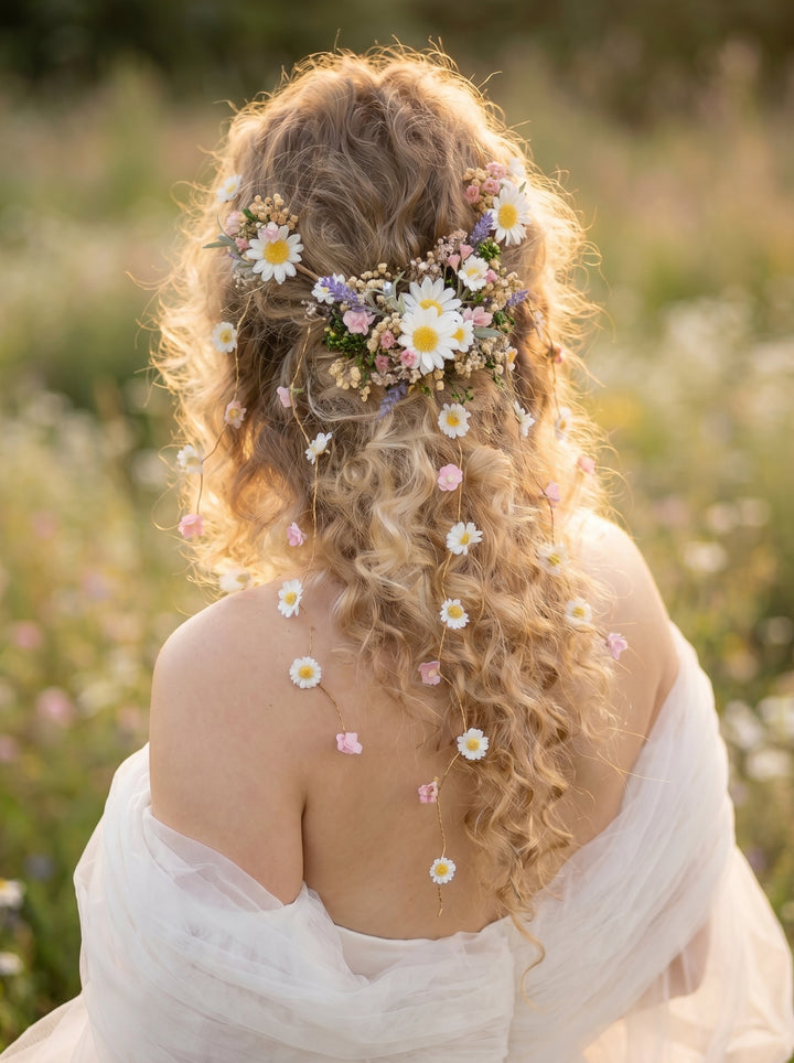 Woman with curly hair adorned with flowers standing in a field.