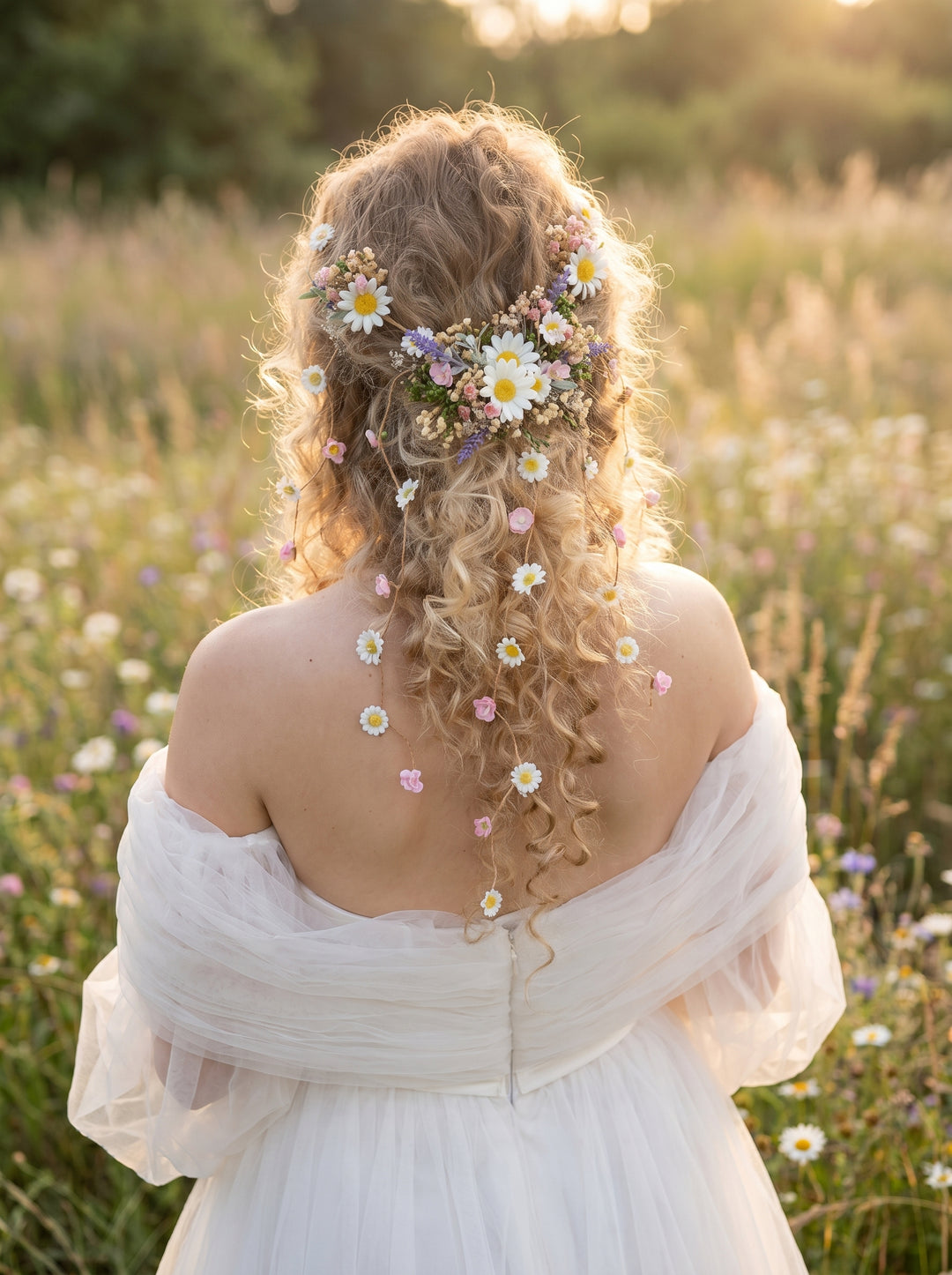 Woman with floral hair with daisies and lavender in a field of flowers