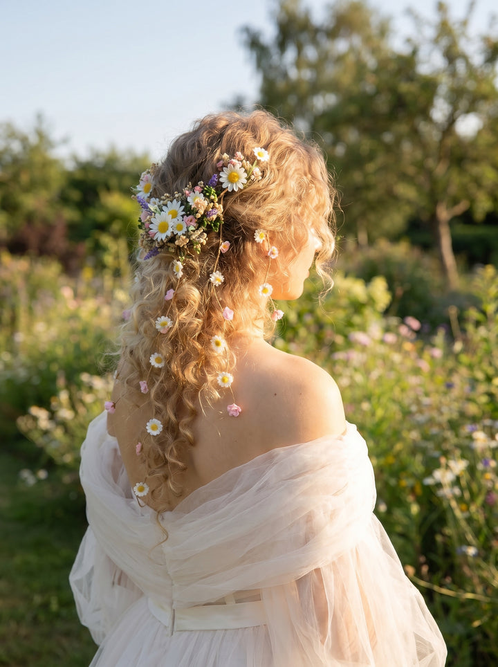 Woman with floral hair in a natural setting