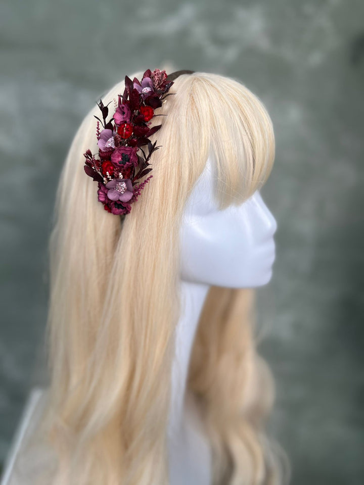 Burgundy Violet Floral Headband with Poppies, Glixia and Dried Grasses