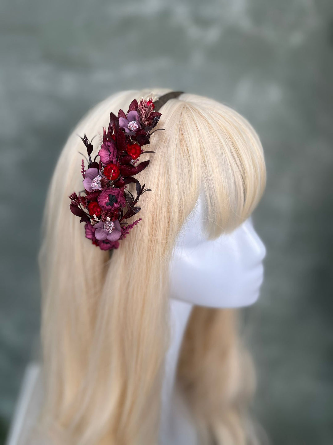 Burgundy Violet Floral Headband with Poppies, Glixia and Dried Grasses
