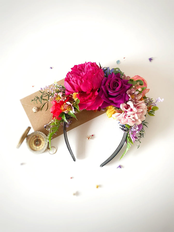 Carnival flower headpiece: pink, yellow and blue Frida headband – handmade floral hair accessory by magaela