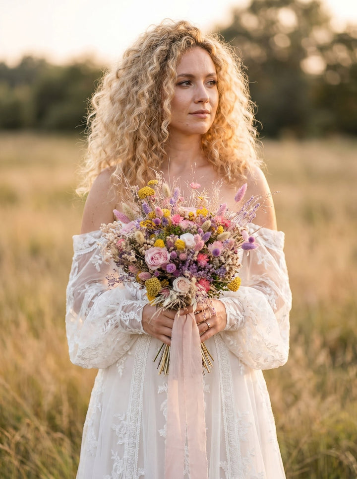Dried Flower Bridal Bouquet: Roses, Lagurus and Meadow Grasses – handmade floral hair accessory by magaela