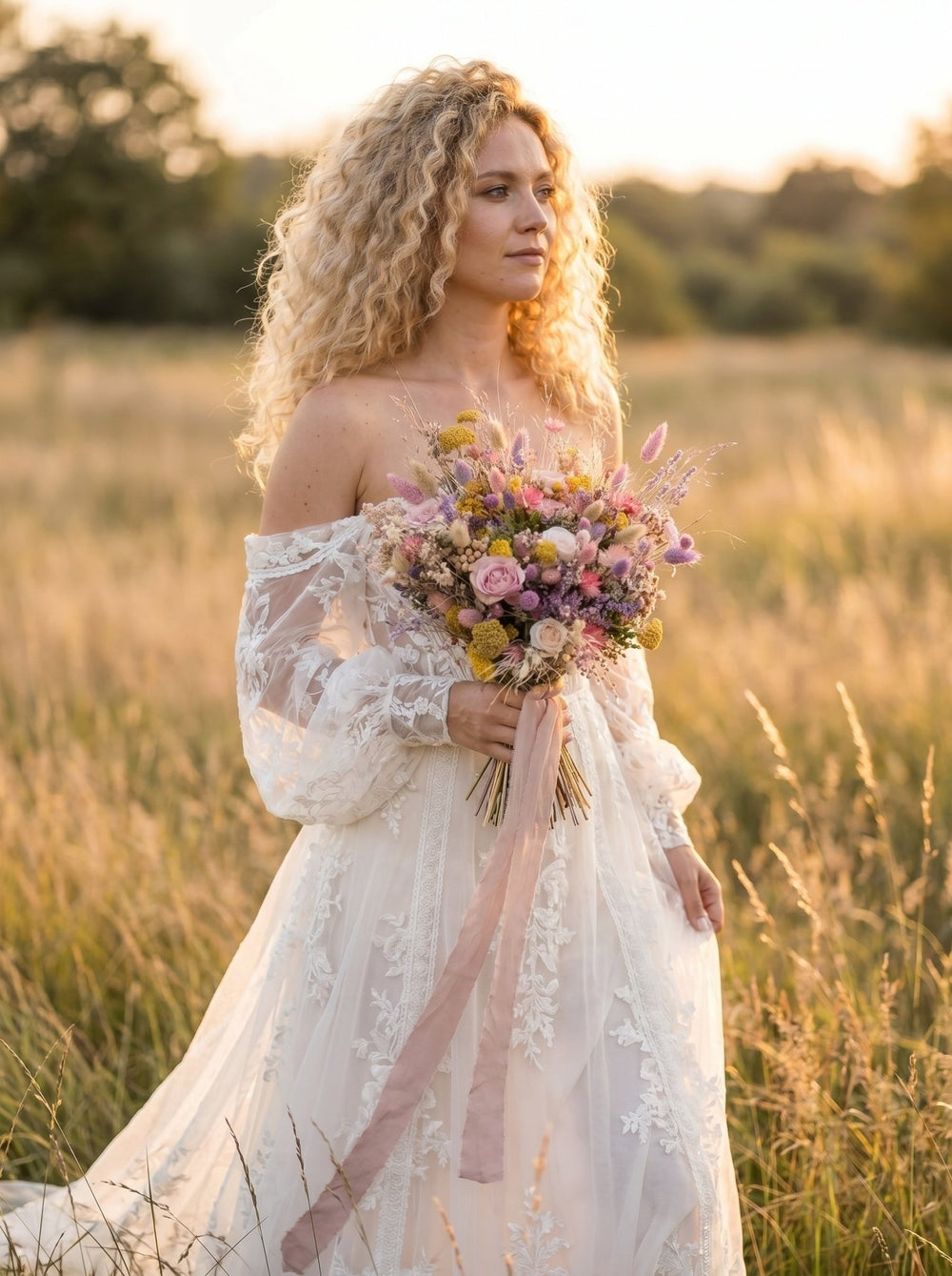 Dried Flower Bridal Bouquet: Roses, Lagurus and Meadow Grasses – handmade floral hair accessory by magaela