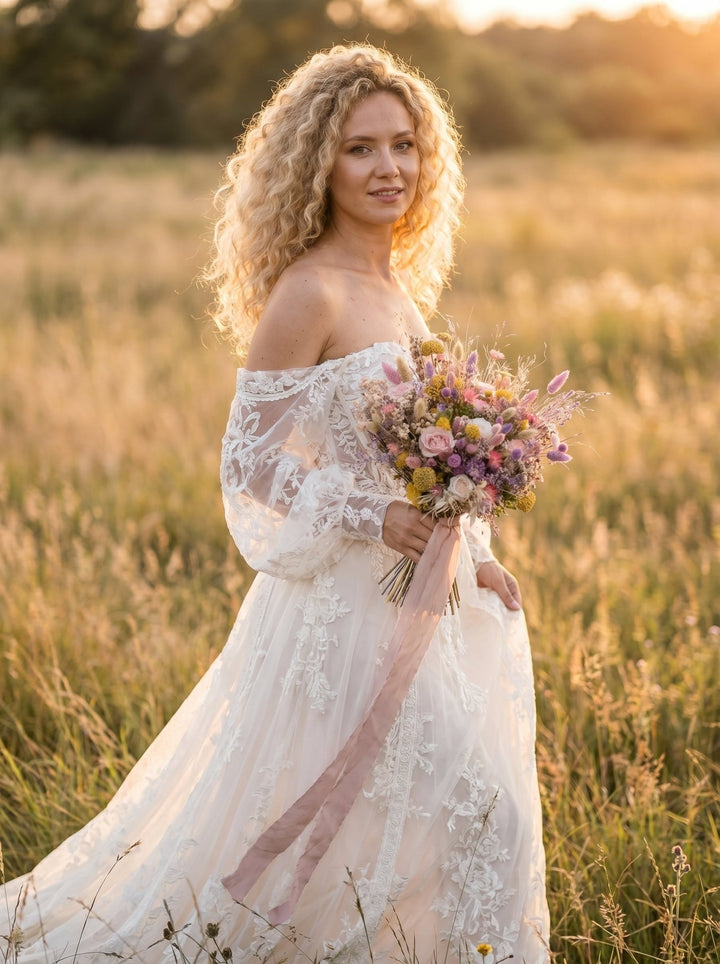 Dried Flower Bridal Bouquet: Roses, Lagurus and Meadow Grasses – handmade floral hair accessory by magaela