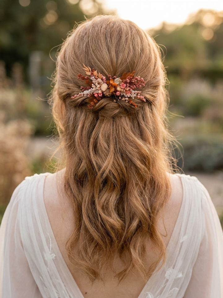 A woman viewed from behind with long wavy light brown hair, wearing a floral hair accessory with dried leaves and small pink flowers, in an outdoor garden setting.