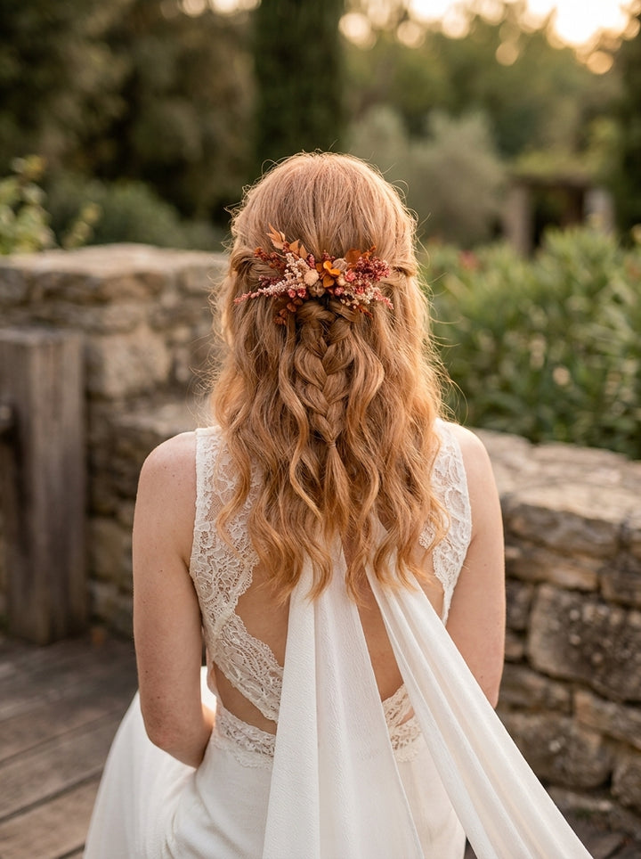 A woman seen from behind wearing a white lace bridal gown with a draped veil and a floral hair accessory in muted orange, rust, and brown tones, photographed outdoors against a softly blurred stone wall and greenery.