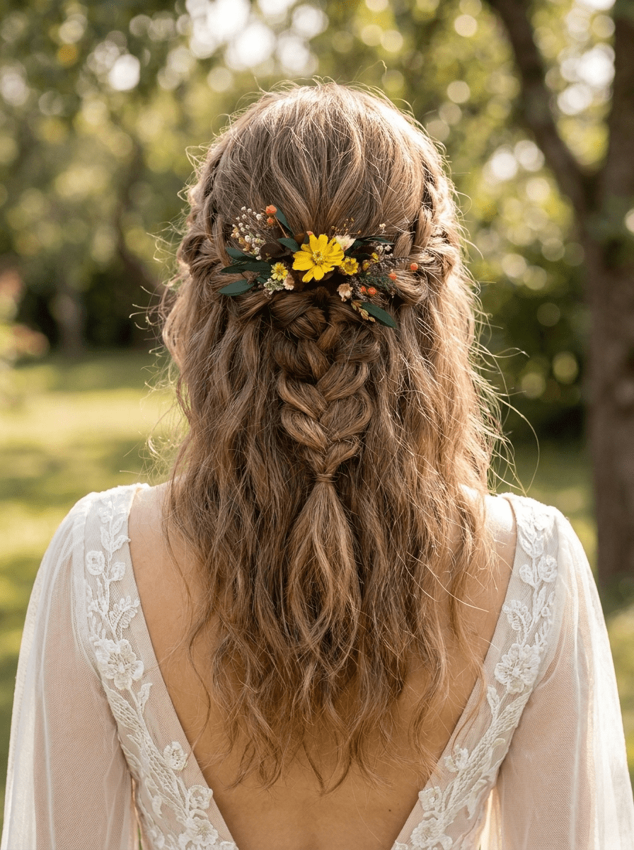 Dried Flower Hair Comb | Yellow, Burgundy and Orange with Eucalyptus – handmade floral hair accessory by magaela