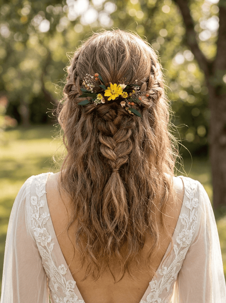 Dried Flower Hair Comb | Yellow, Burgundy and Orange with Eucalyptus – handmade floral hair accessory by magaela