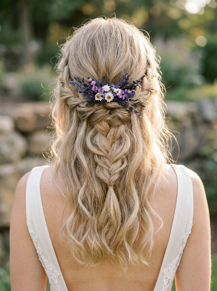 A woman viewed from behind wearing a blonde half-updo hairstyle with a braided lower section and a floral hair accessory in purple, white, and green. She is wearing a white lace-strap dress in an outdoor garden setting.