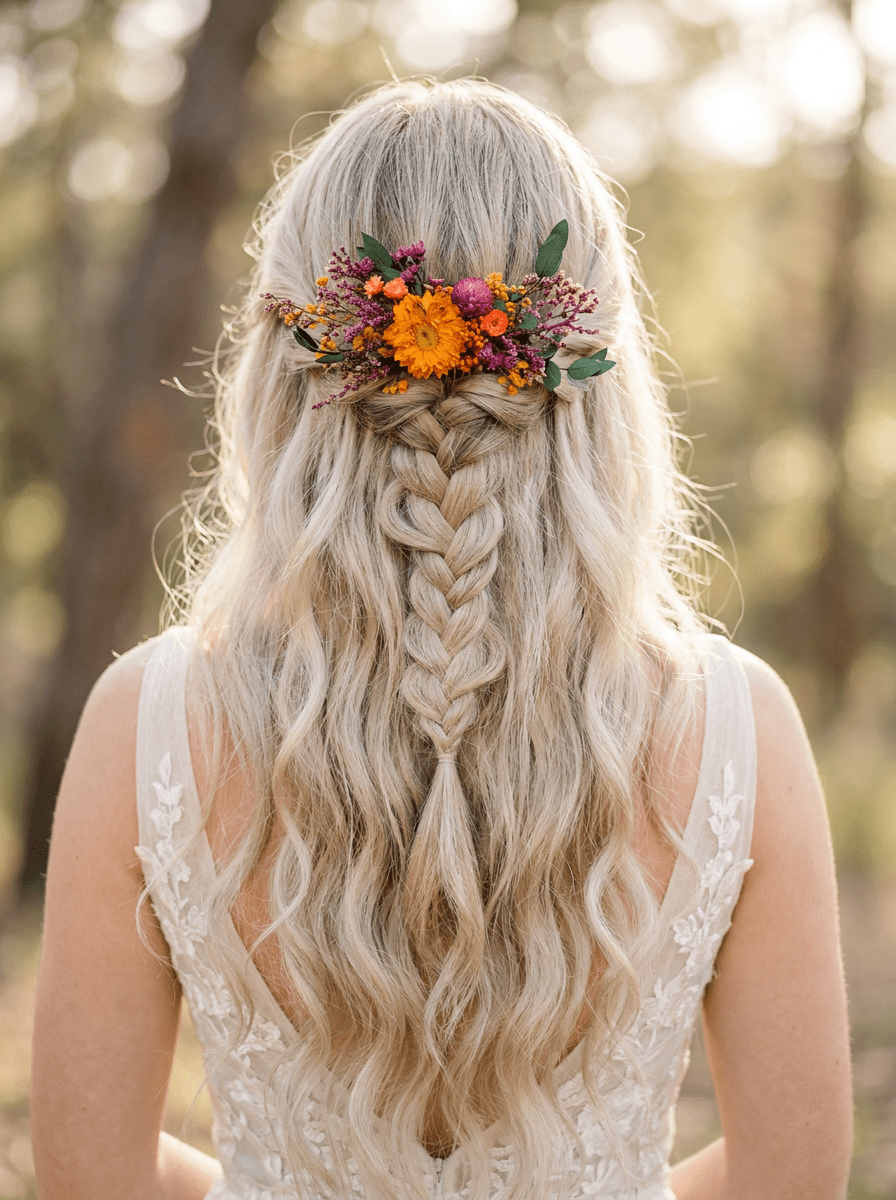 Dried Flower Hair Comb | Orange Flower, Purple Amaranth and Eucalyptus – handmade floral hair accessory by magaela