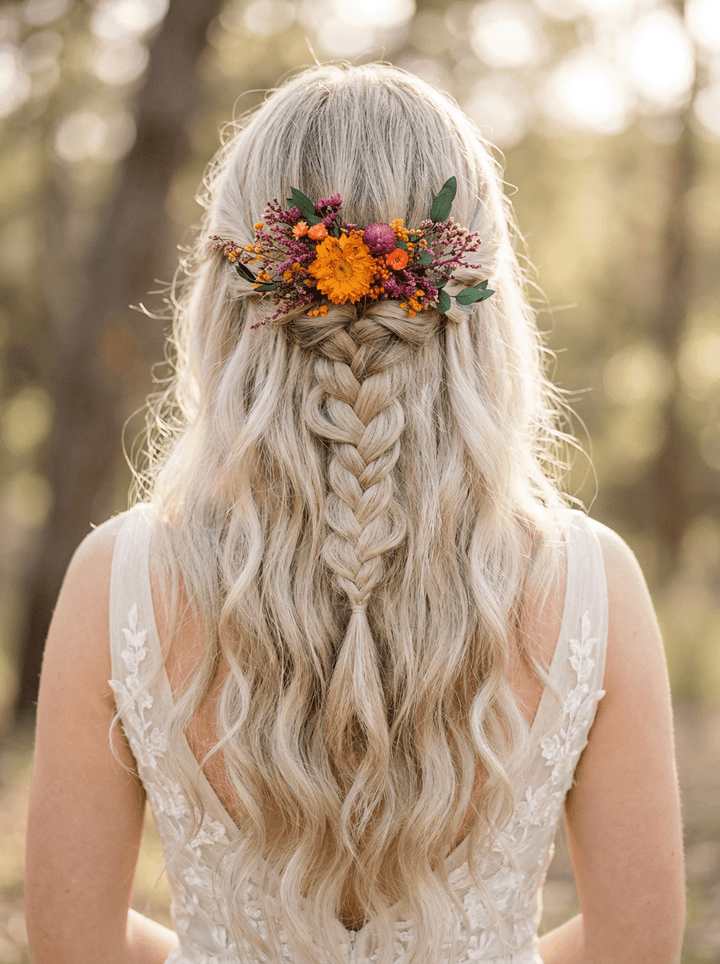 Dried Flower Hair Comb | Orange Flower, Purple Amaranth and Eucalyptus – handmade floral hair accessory by magaela
