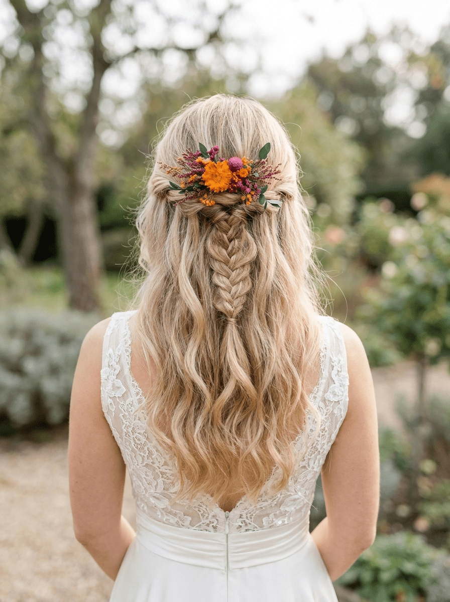 Dried Flower Hair Comb | Orange Flower, Purple Amaranth and Eucalyptus – handmade floral hair accessory by magaela
