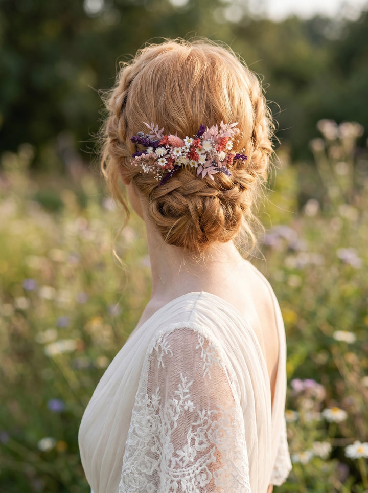 Woman with floral rustic dried hair comb in purple and pink tones in a field of flowers