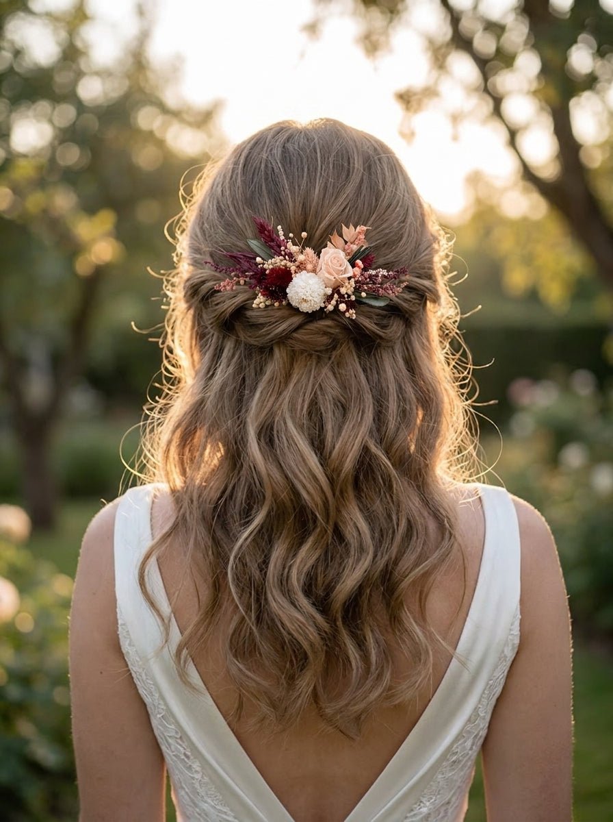 Dried Flower Hair Comb for Fall Wedding | Rose, Dahlia, Ruscus and Gypsophila – handmade floral hair accessory by magaela