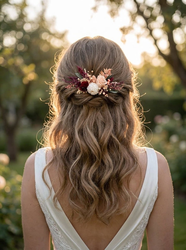 Dried Flower Hair Comb for Fall Wedding | Rose, Dahlia, Ruscus and Gypsophila – handmade floral hair accessory by magaela