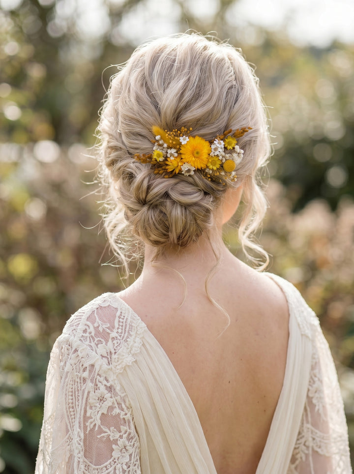 Woman with styled hair featuring yellow flower hair comb  outdoors