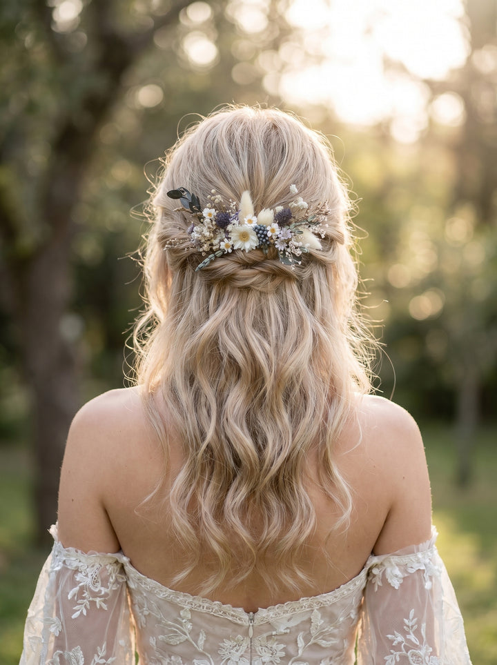 Woman with styled hair featuring flower hair comb outdoors