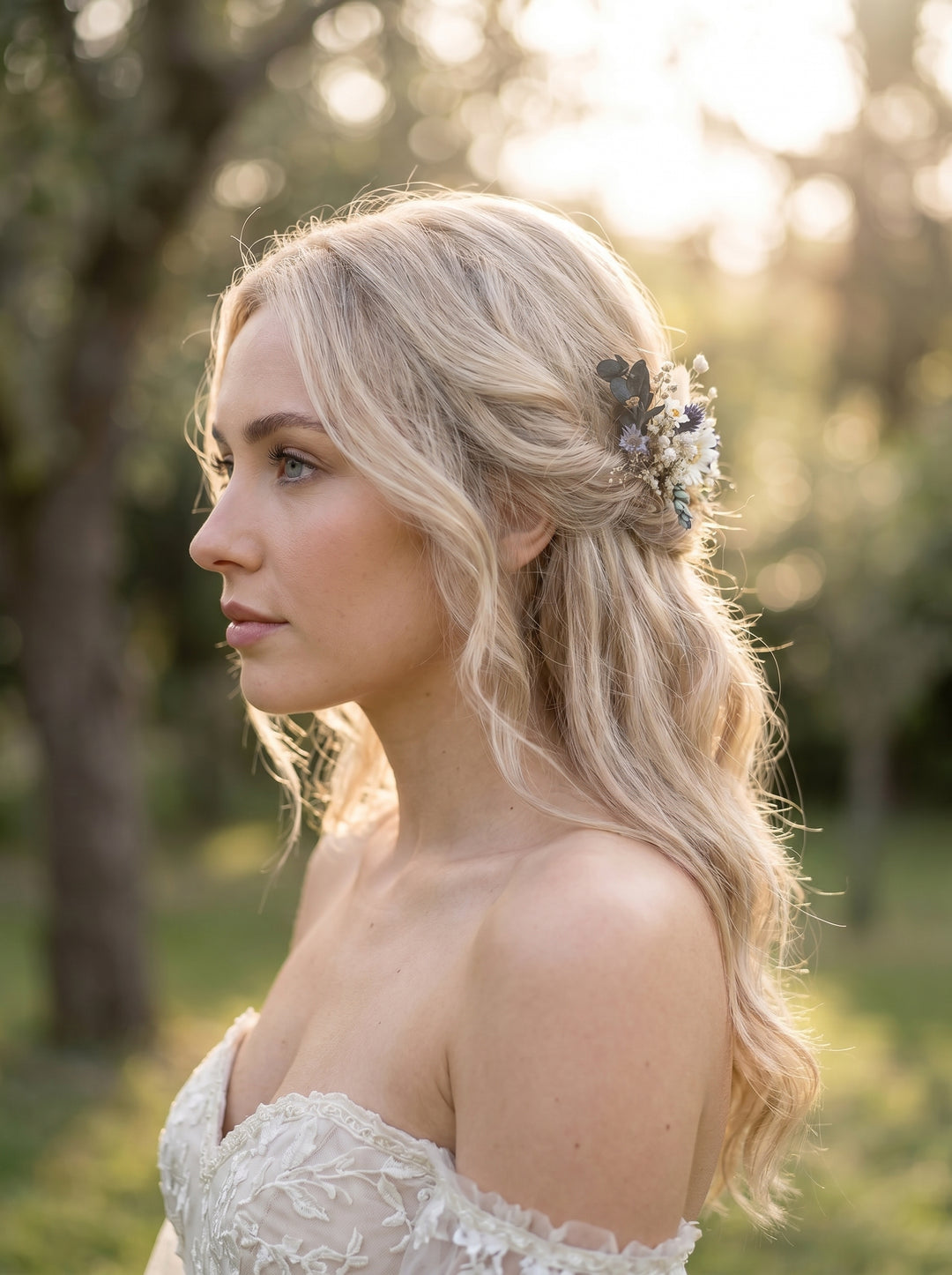 Woman with styled hair in an outdoor setting