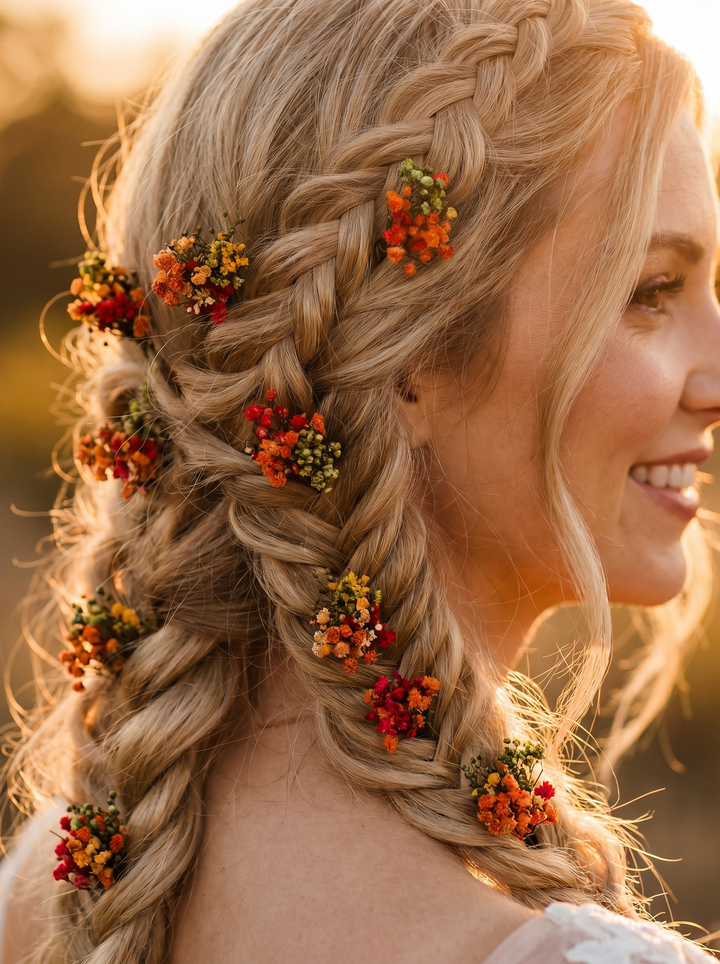 Woman with braided hair adorned with colorful flower haiprins, smiling outdoors.