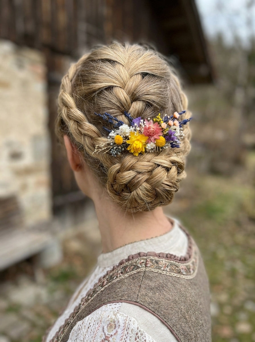 A woman shown from the back wearing a detailed braided hairstyle with a small multicolor wildflower hair accessory, set against a blurred rustic outdoor background.